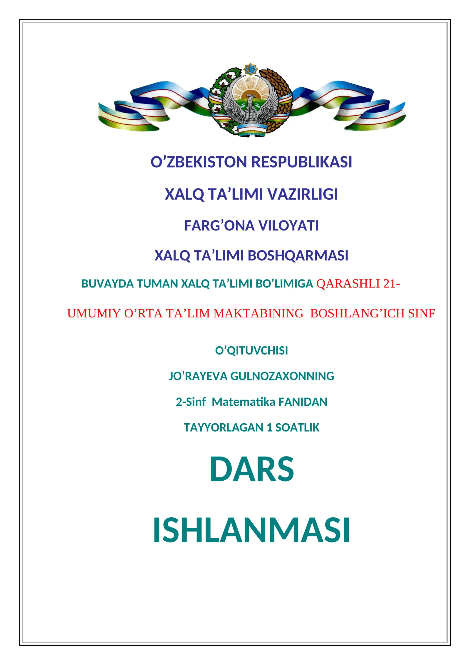 2-Sinf Matematika FANIDAN TAYYORLAGAN 1 SOATLIK DARS ISHLANMASI