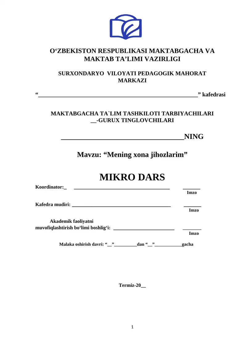 Mening xona jihozlarim MAVZUSIDA MIKRODARS