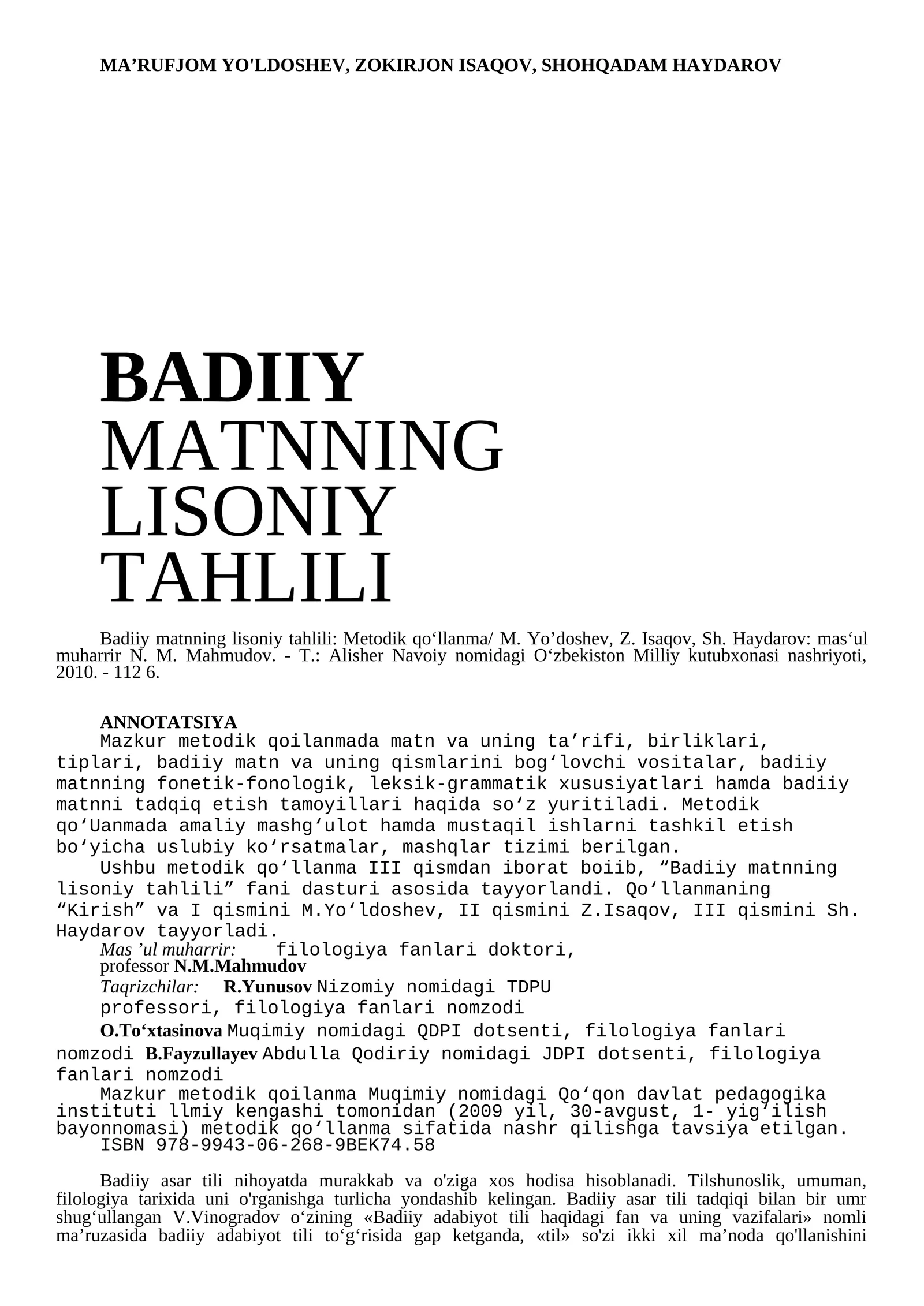 BADIIY MATNNING LISONIY TAHLILI