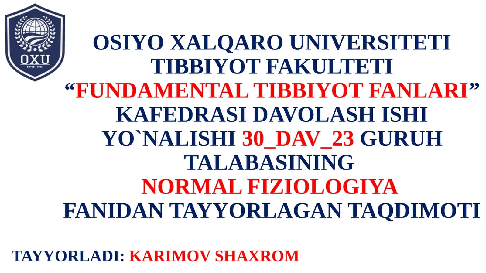 O‘PKANING NAFASGA OID BO‘LMAGAN FUNKSIYALARI. SUN'IY NAFAS. NAFASNING PATOLOGIK TURLARI. TO‘QIMADAGI NAFASI. GIPOKSIYA UNING TURLARI.
