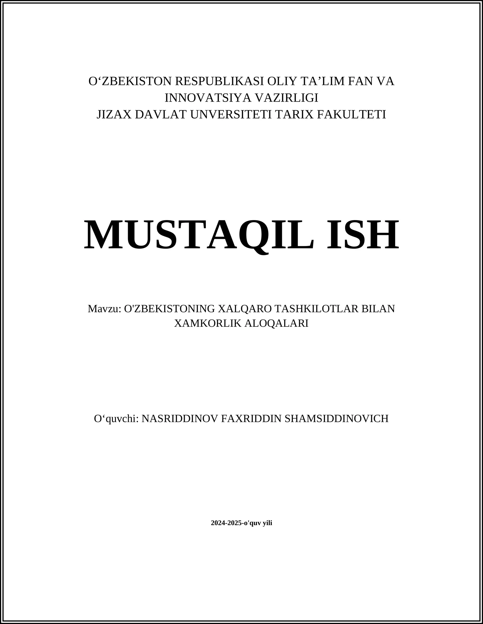 O‘zbekistonning Xalqaro Tashkilotlar bilan Xamkorlik Aloqalari