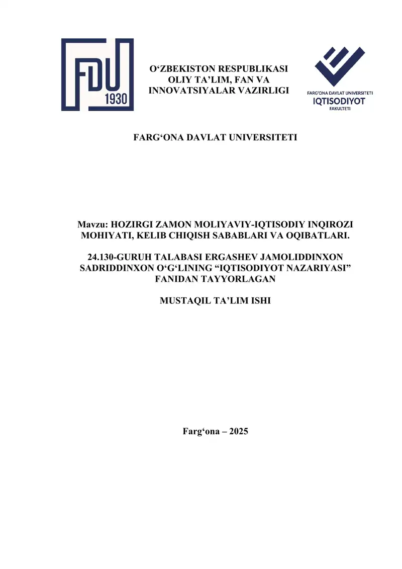hozirgi zamon moliyaviy-iqtisodiy inqirozi. kelib chiqish sabablari va oqibatlari