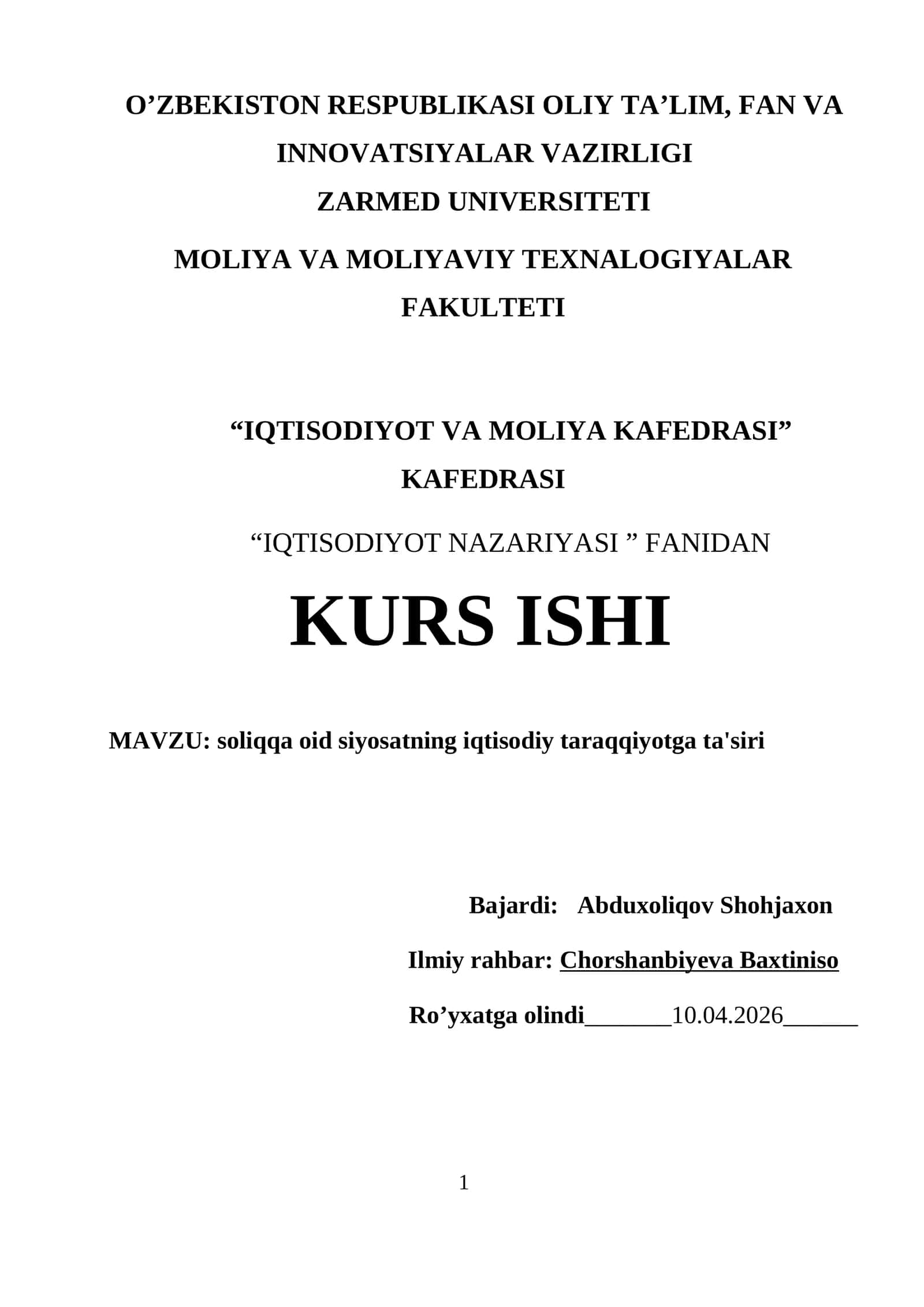 KURS ISHI: soliqqa oid siyosatning iqtisodiy taraqqiyotga ta'siri