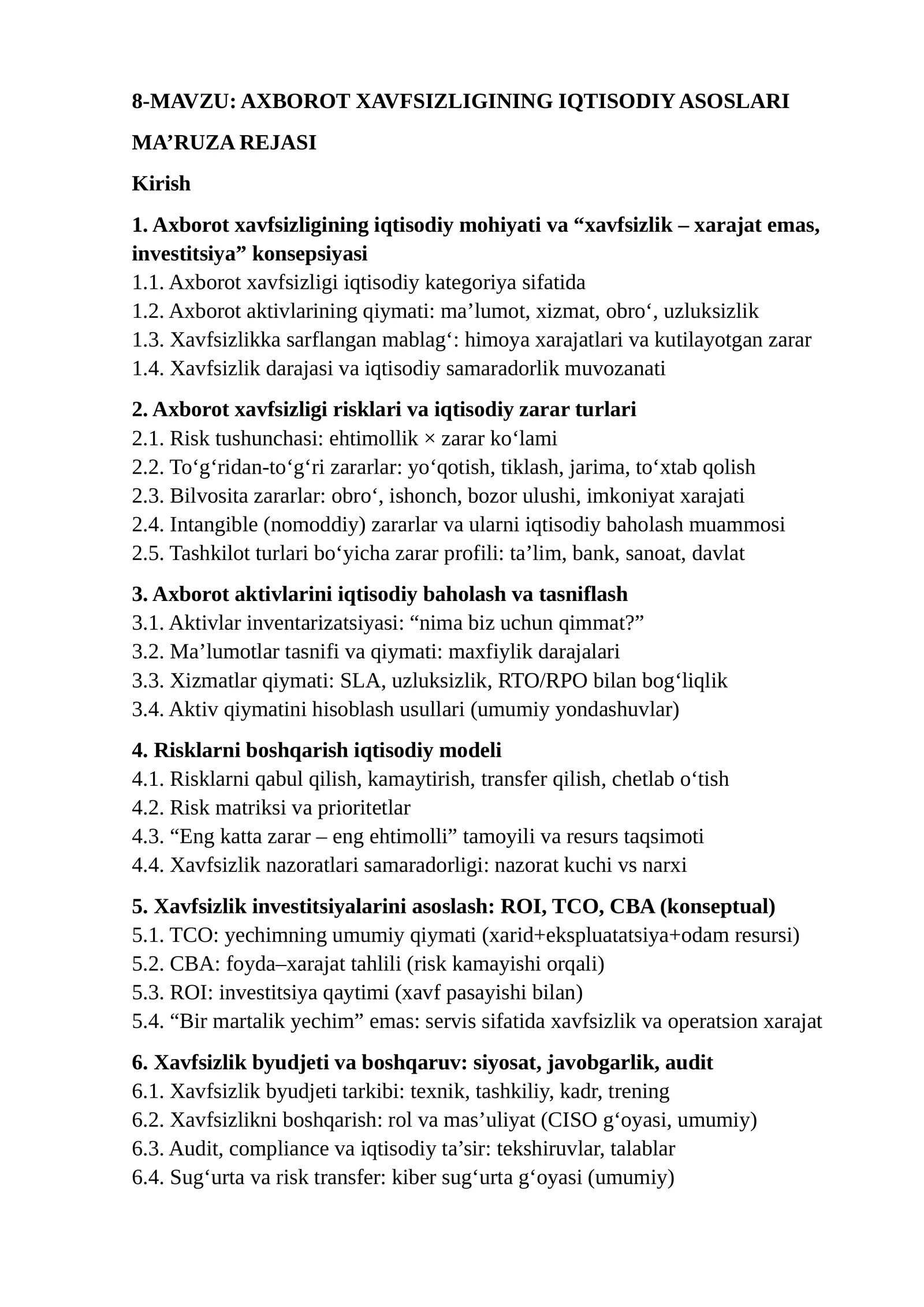 AXBOROT XAVFSIZLIGINING IQTISODIY ASOSLARI