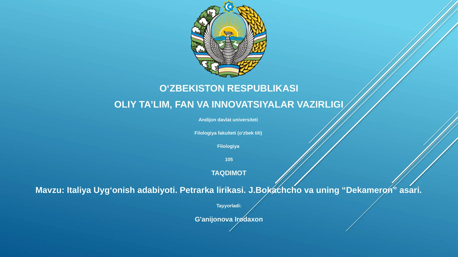 Italiya Uyg‘onish adabiyoti. Petrarka lirikasi. J.Bokachcho va uning “Dekameron” asari