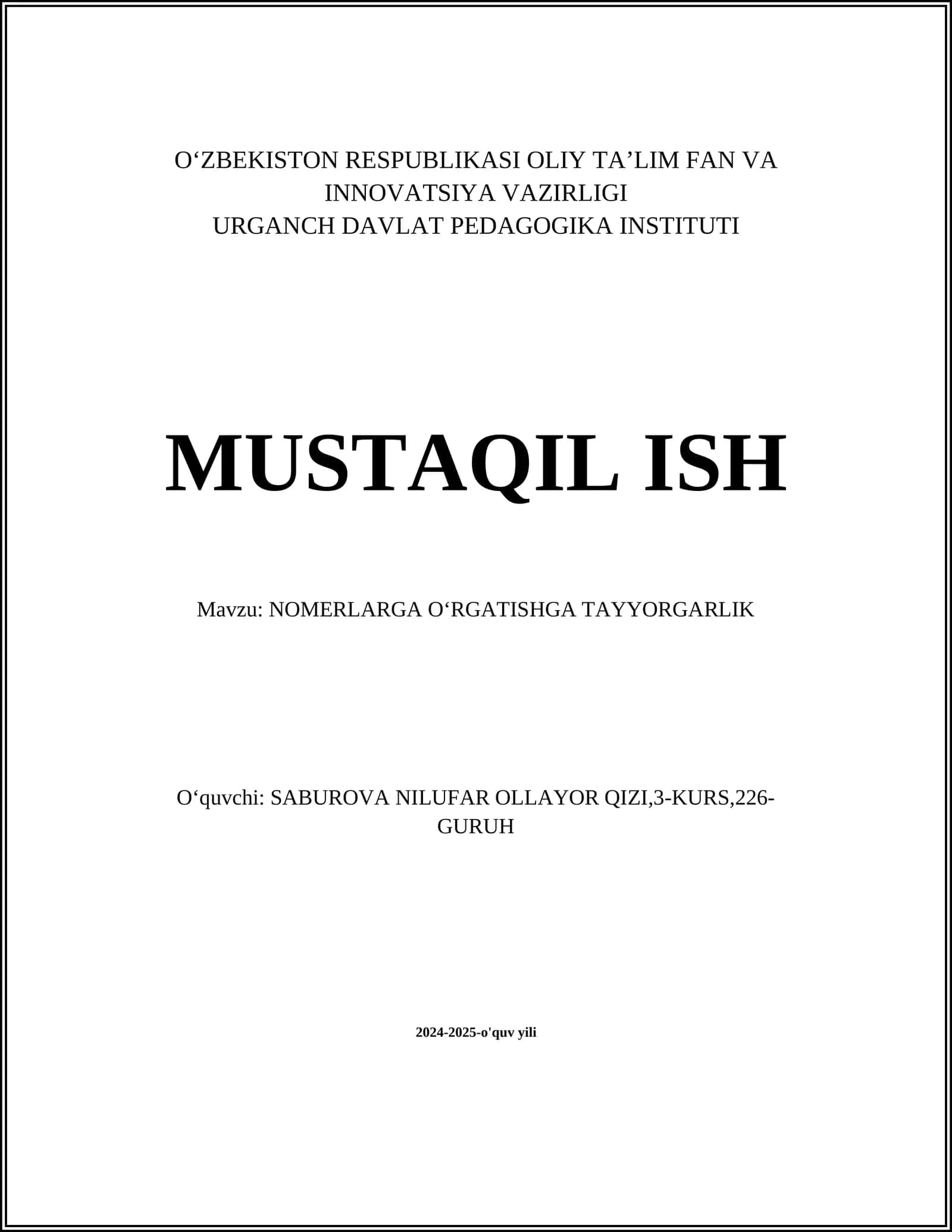 NOMERLARGA OʻRGATISHGA TAYYORGARLIK