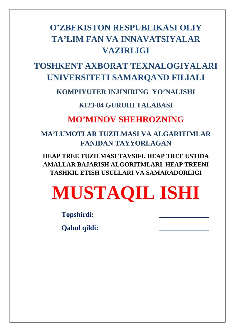 Heap Tree Tuzilmasi va Amallar