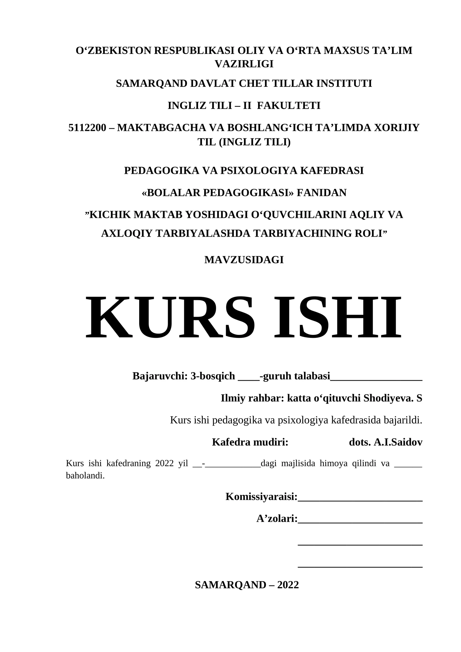 Kichik maktab yoshidagi oʻquvchilarini aqliy va axloqiy tarbiyalashda tarbiyachining roli