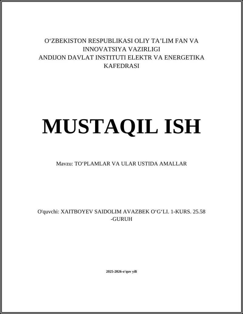 To‘plamlar va ular ustida amallar