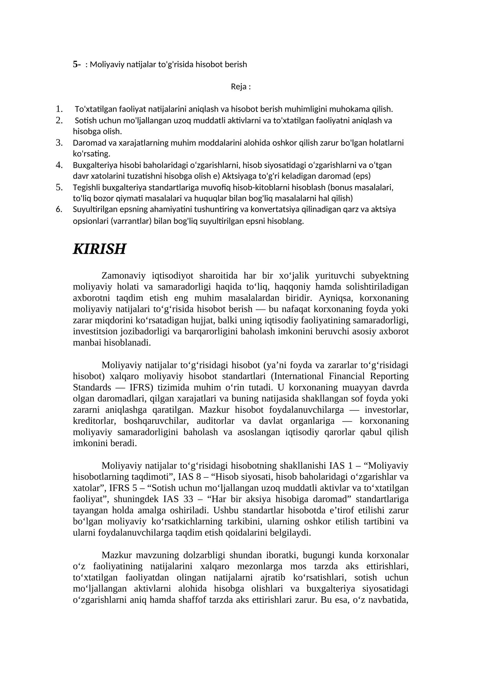 Moliyaviy natijalar to'g'risida hisobot berish