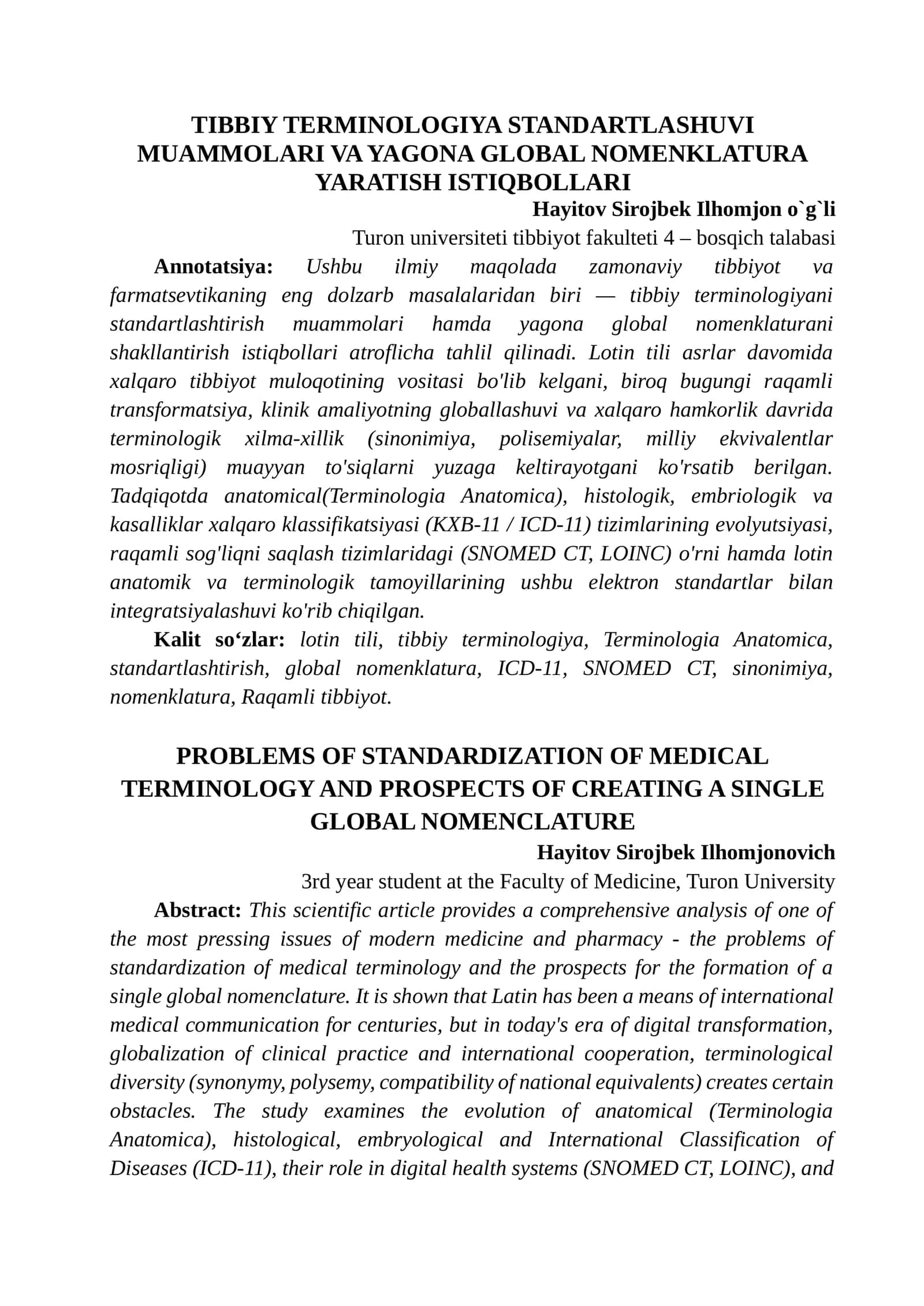 TIBBIY TERMINOLOGIYA STANDARTLASHUVI MUAMMOLARI VA YAGONA GLOBAL NOMENKLATURA YARATISH ISTIQBOLLARI