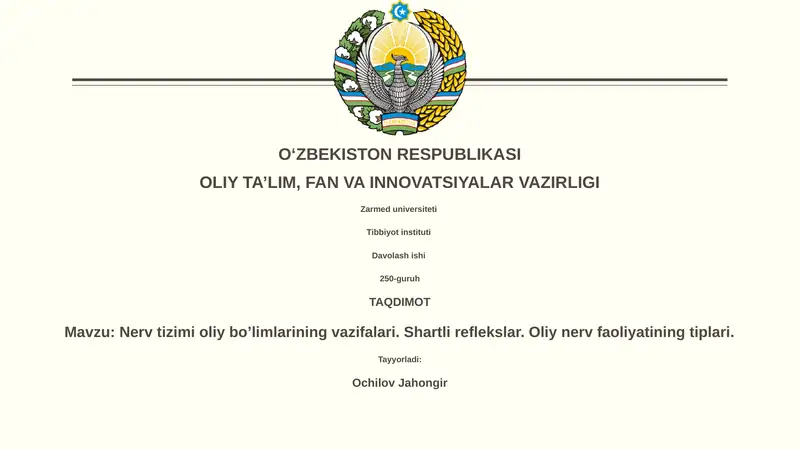 Nerv tizimi oliy bo’limlarining vazifalari