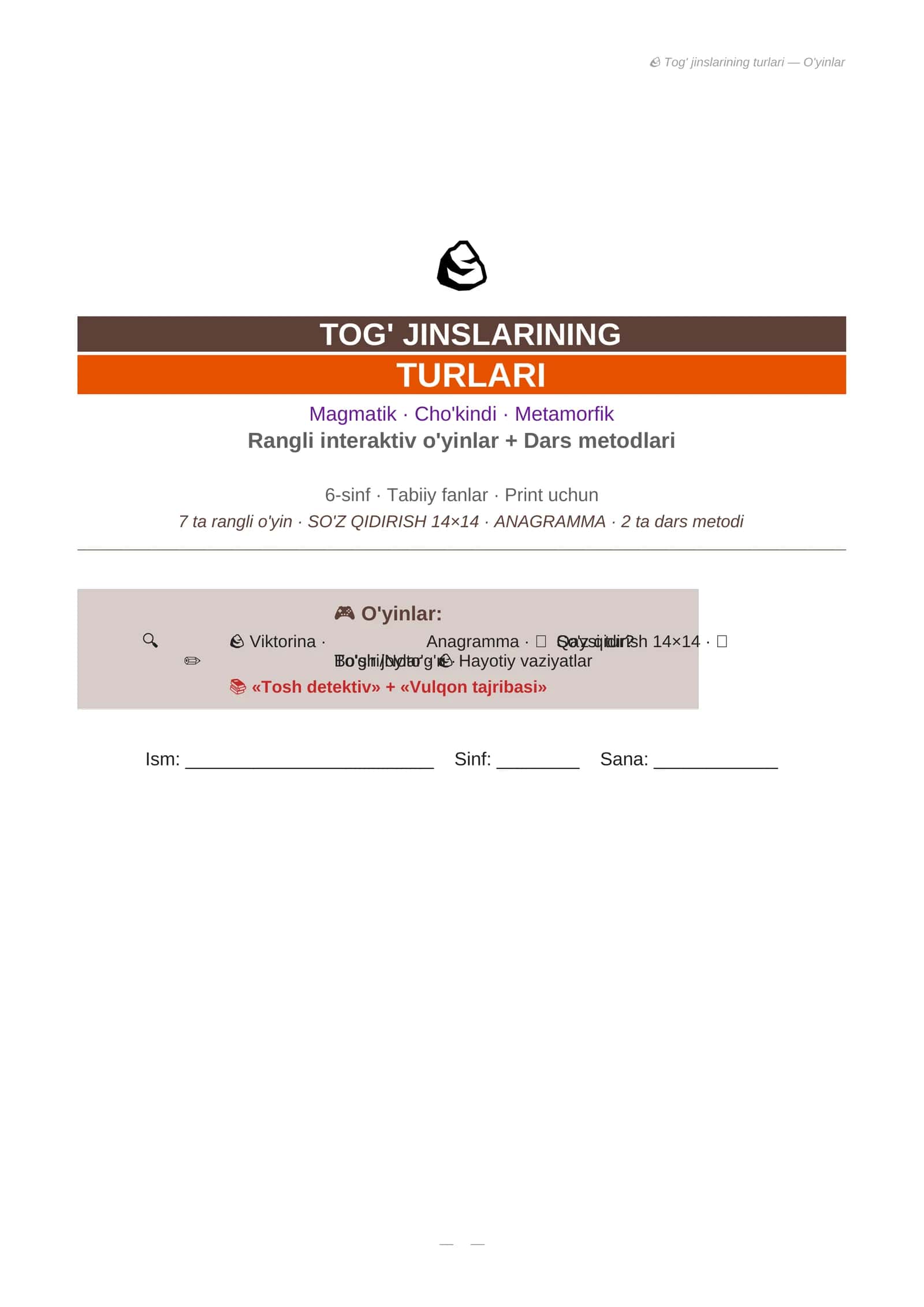 Tog' jinslarining turlari — O'yinlar