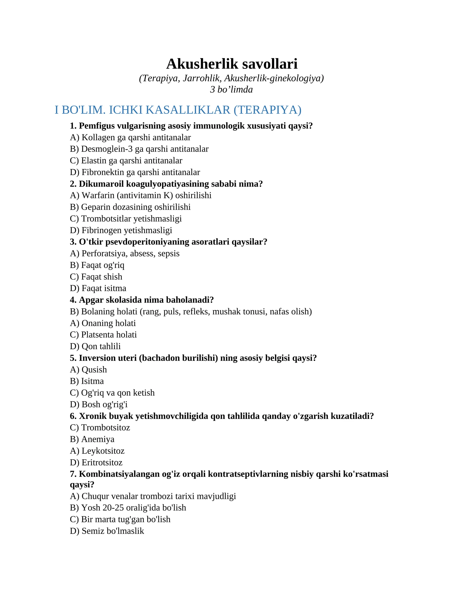 Akusherlik savollari