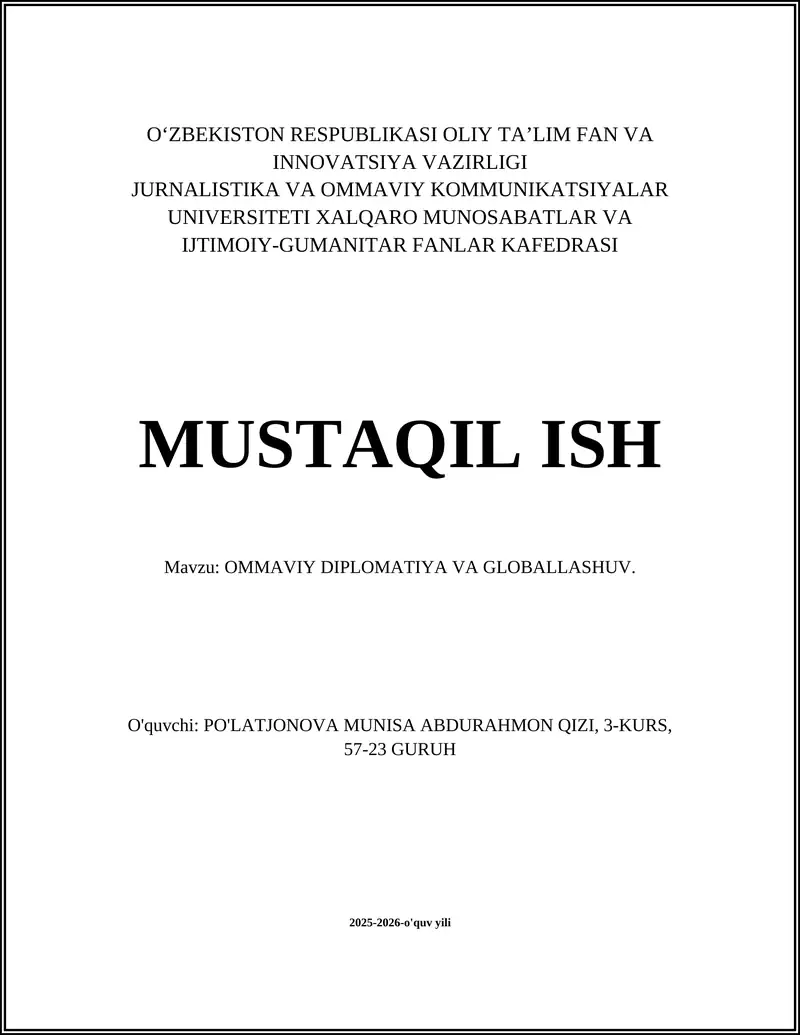 OMMAVIY DIPLOMATIYA VA GLOBALLASHUV