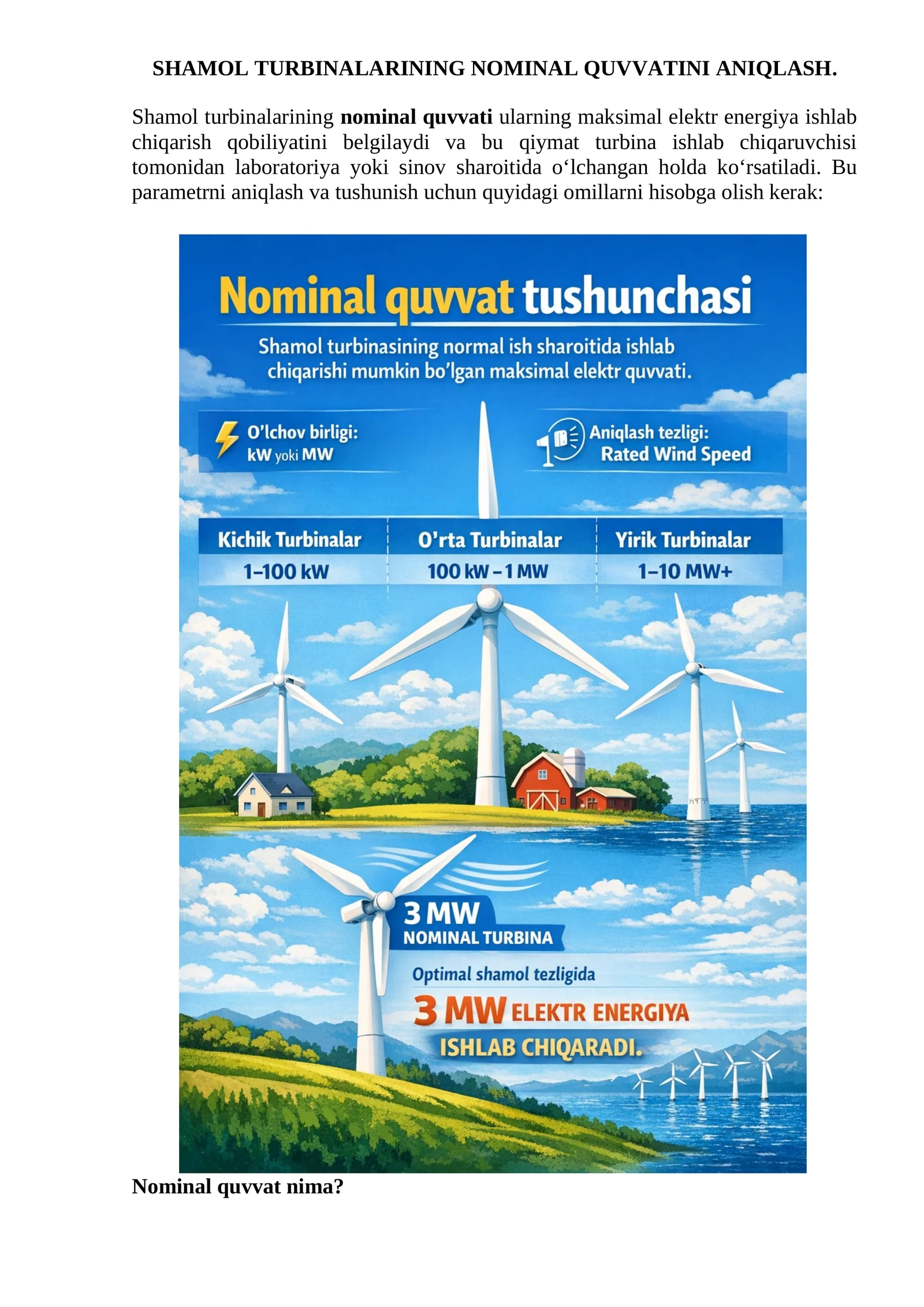 SHAMOL TURBINALARINING NOMINAL QUVVATINI ANIQLASH