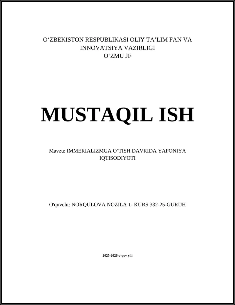 IMMERIALIZMGA OʻTISH DAVRIDA YAPONIYA IQTISODIYOTI
