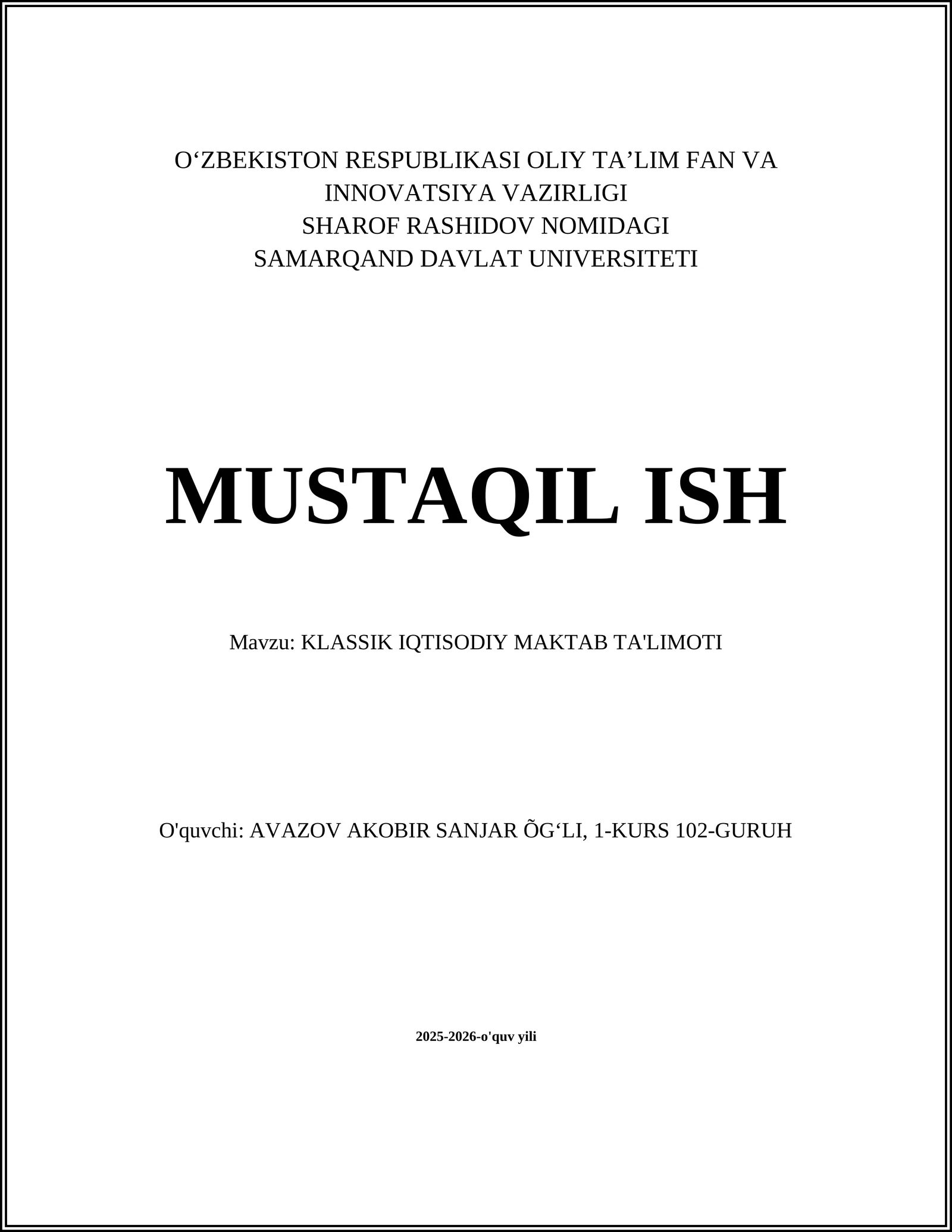KLASSIK IQTISODIY MAKTAB TA'LIMOTI