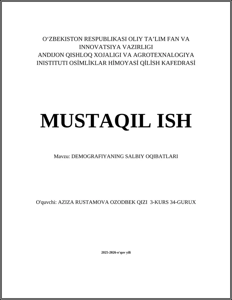 DEMOGRAFIYANING SALBIY OQIBATLARI