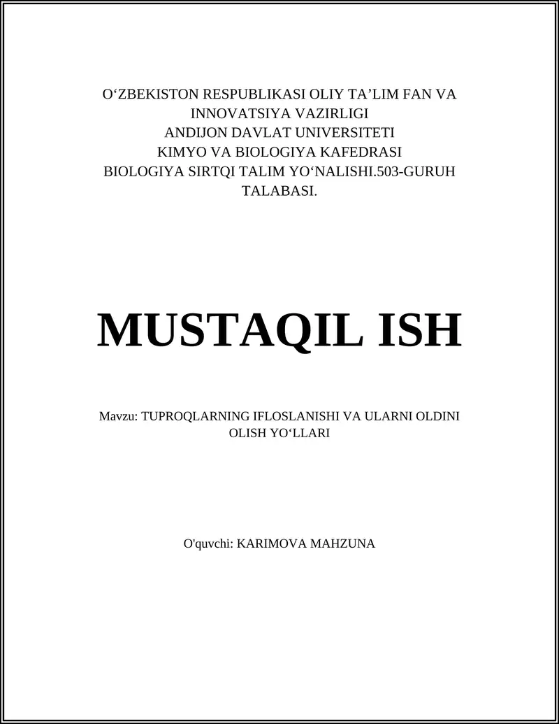 Tuproqlar Ifloslanishi va Ularni Oldini Olish