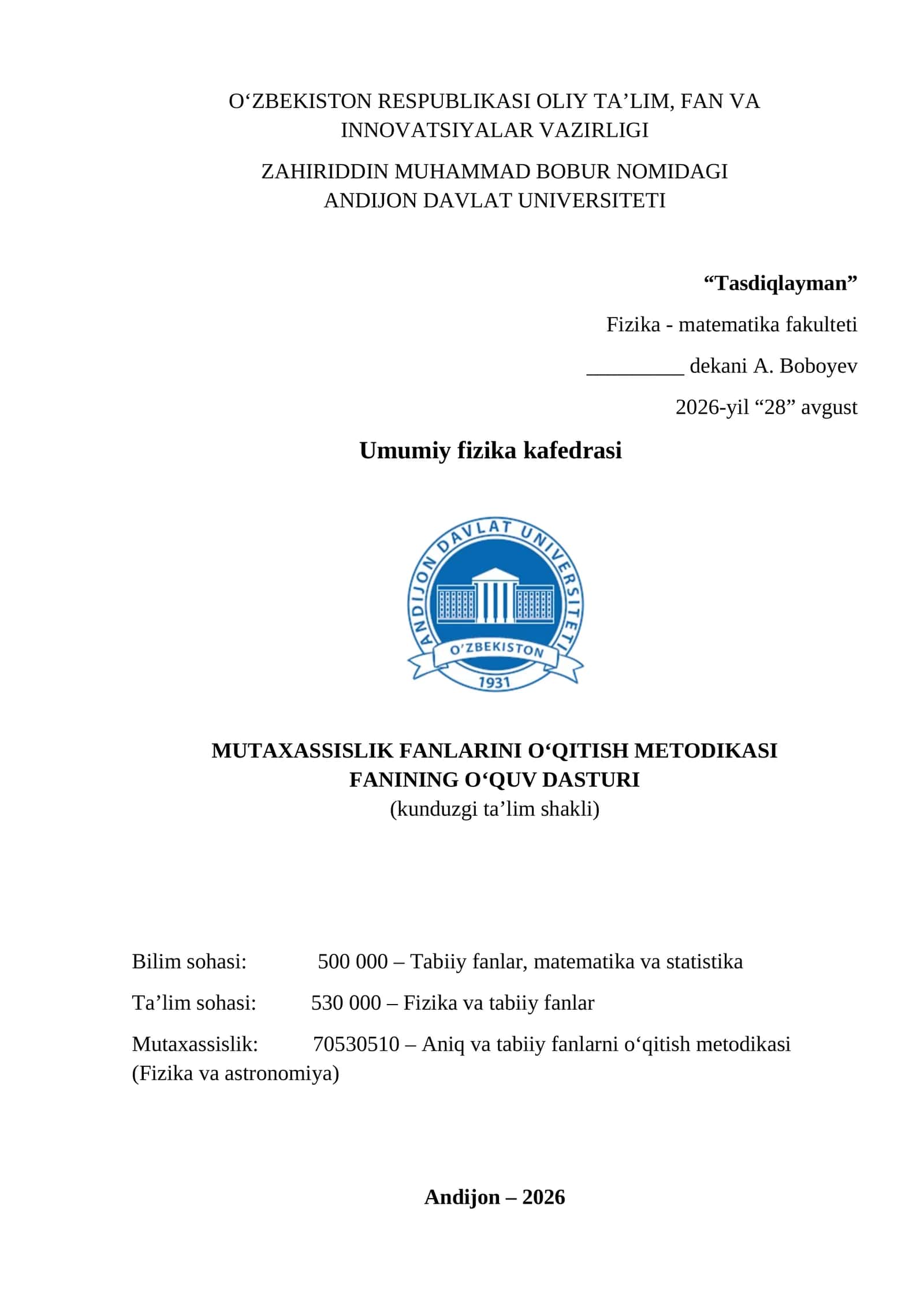 MUTAXASSISLIK FANLARINI O‘QITISH METODIKASI