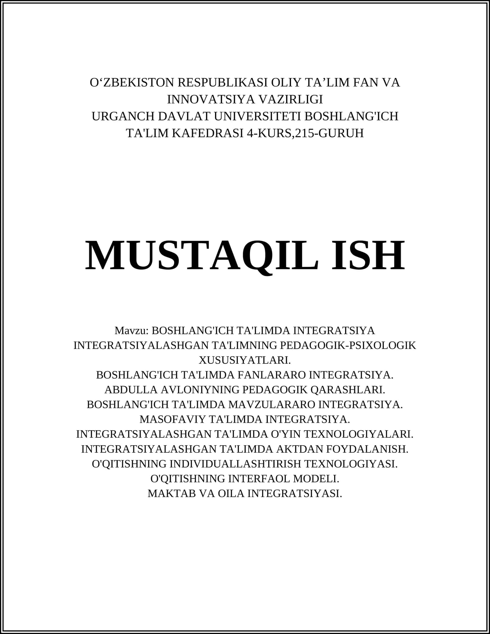 BOSHLANG'ICH TA'LIMDA INTEGRATSIYA