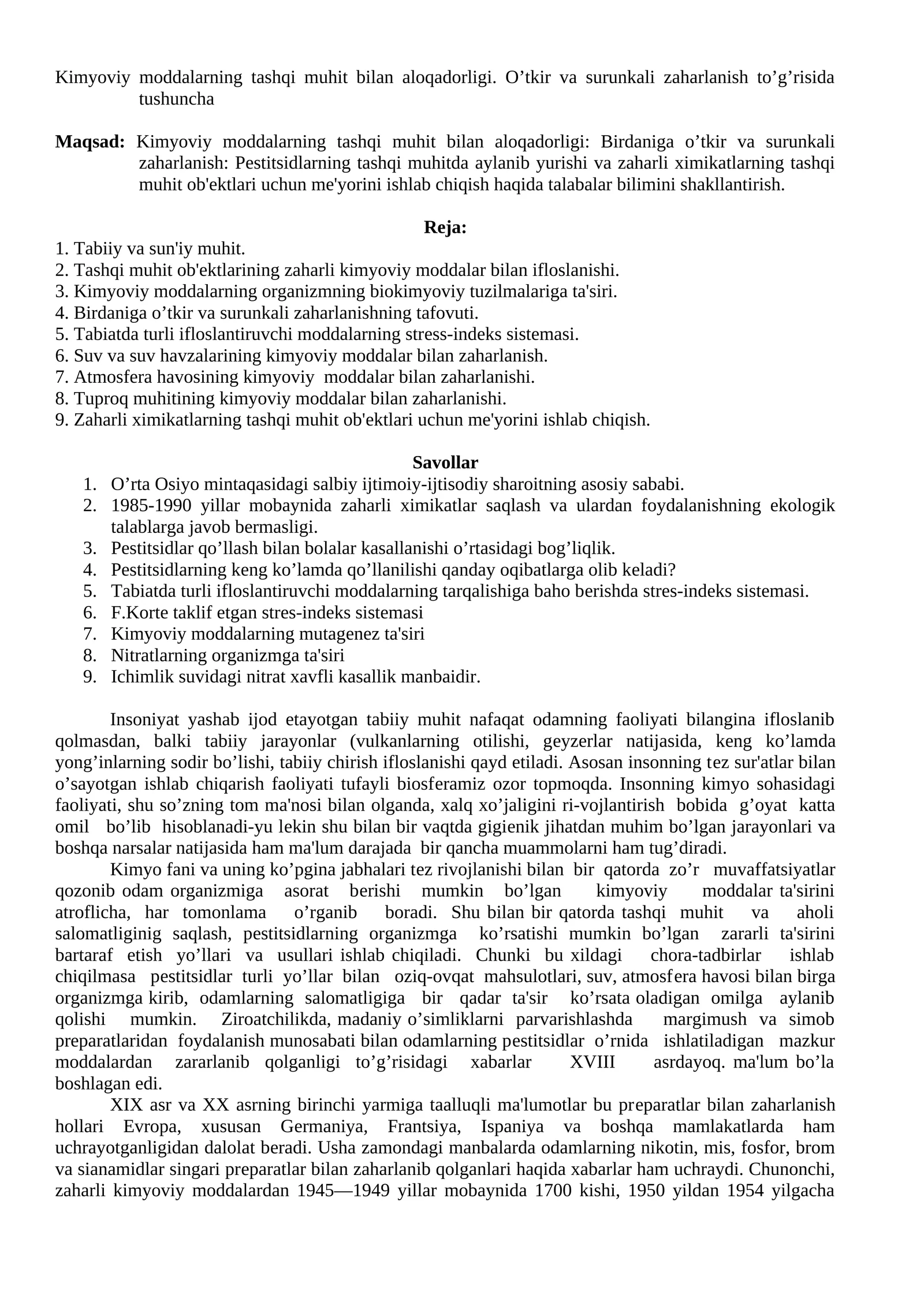 Kimyoviy moddalarning tashqi muhit bilan aloqadorligi