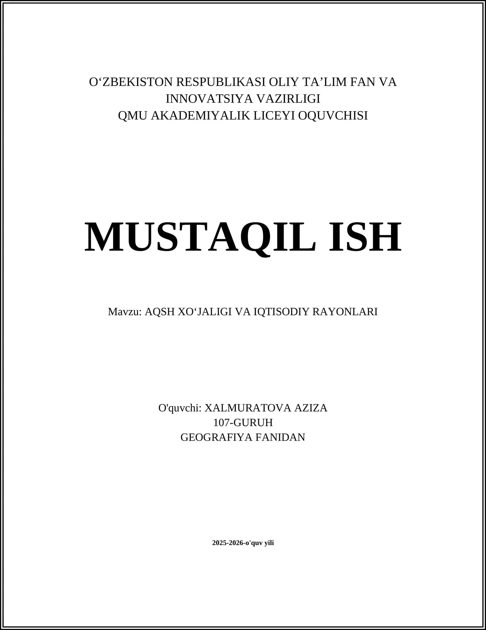 AQSH XOʻJALIGI VA IQTISODIY RAYONLARI