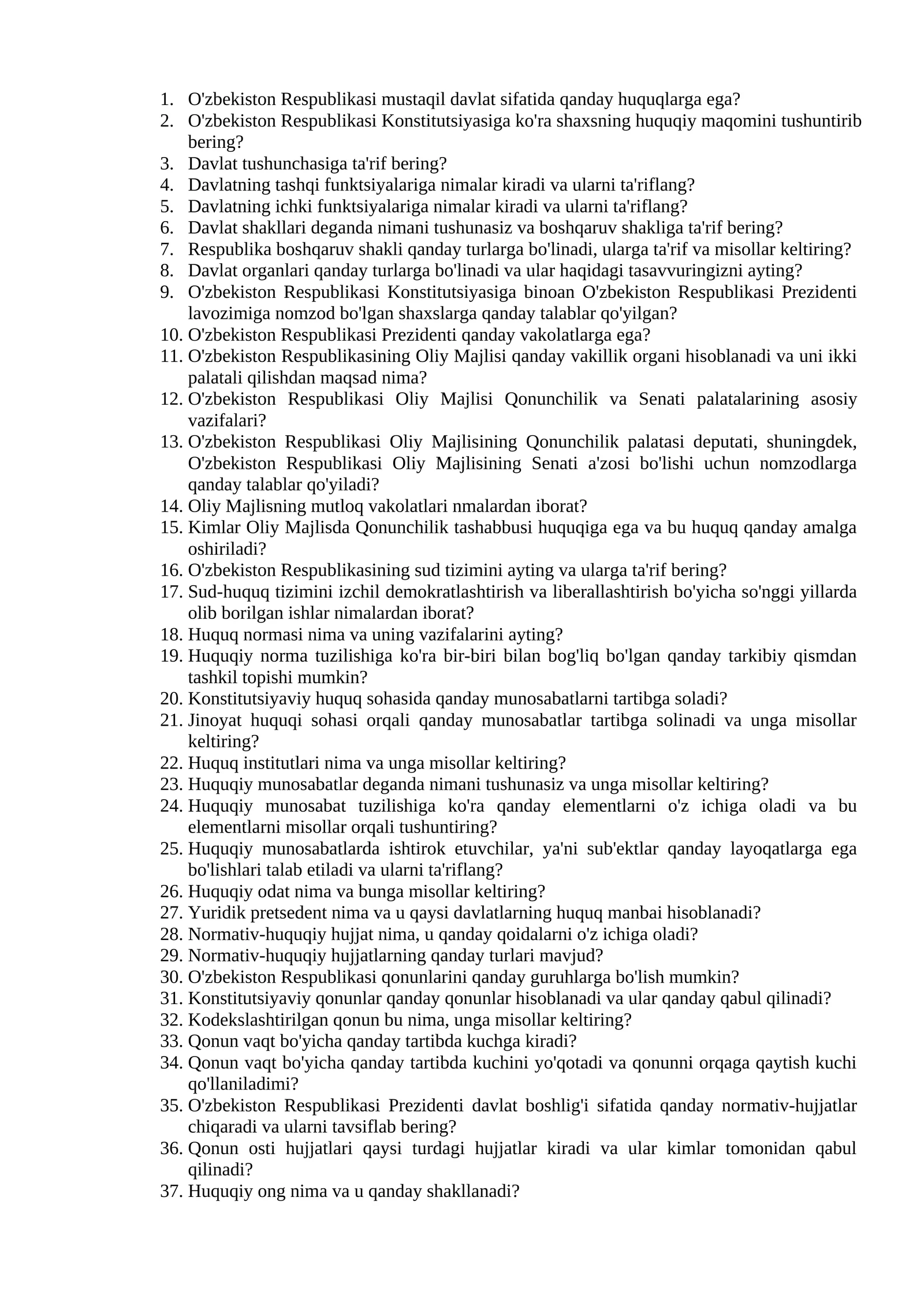 O'zbekiston Respublikasi Konstitutsiyasi bo'yicha savol-javoblar