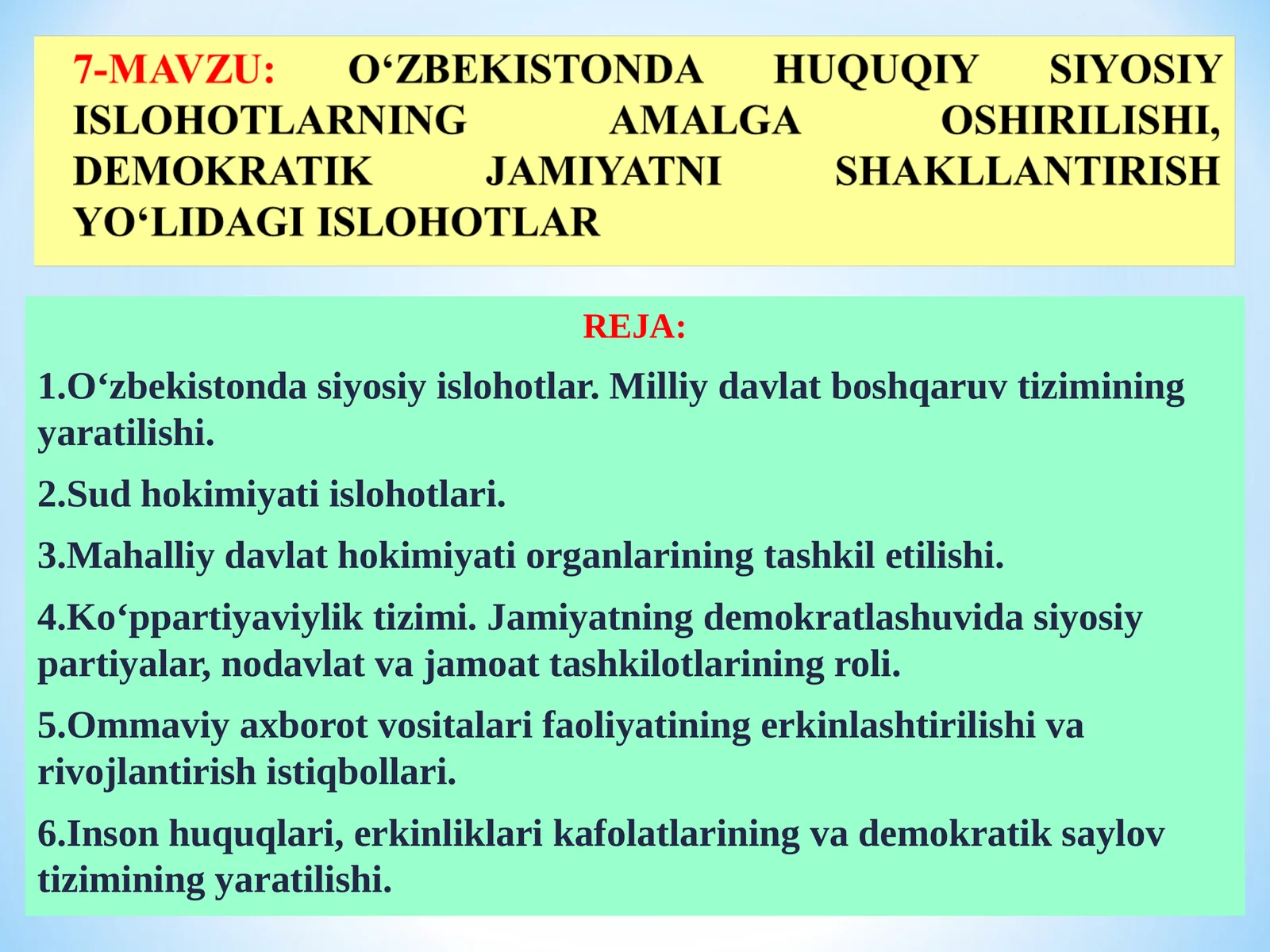 О‘ZBEKISTONDA HUQUQIY SIYOSIY ISLOHOTLARNING AMALGA OSHIRILISHI, DEMOKRATIK JAMIYATNI SHAKLLANTIRISH YО‘LIDAGI ISLOHOTLAR