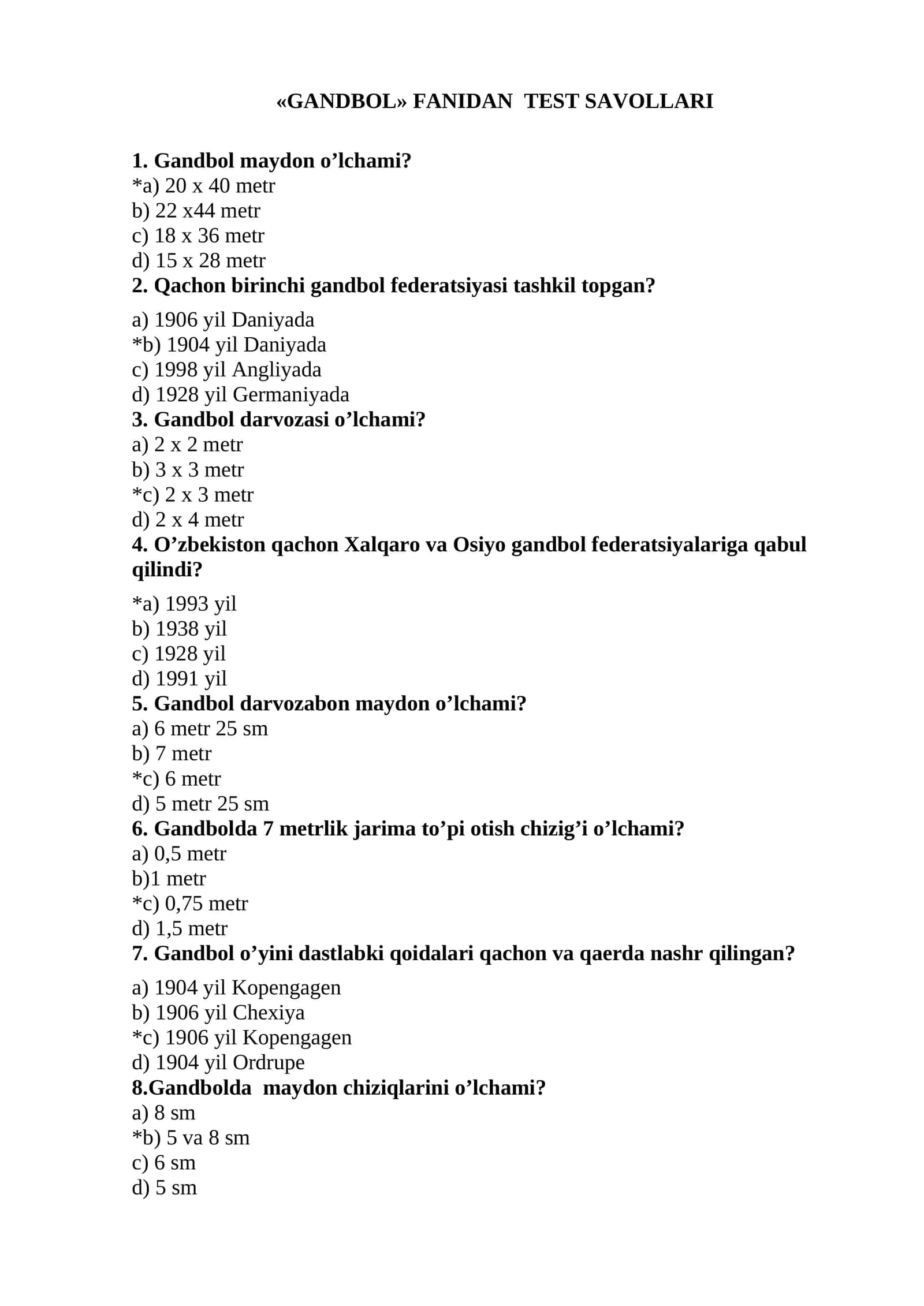 «GANDBOL» FANIDAN TЕST SAVОLLARI