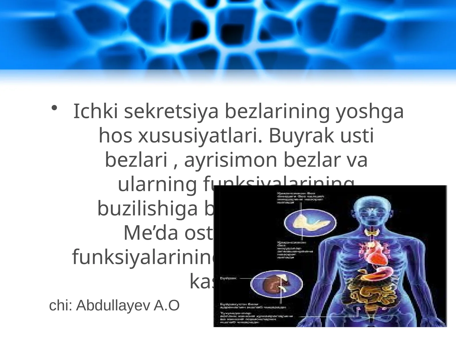Ichki sekretsiya bezlarining yoshga hos xususiyatlari. Buyrak usti bezlari, ayrisimon bezlar va ularning funksiyalarining buzilishiga bog'liq kasalliklar. Me’da osti bezi va uning funksiyalarining buzilishiga bog'liq kasalliklar