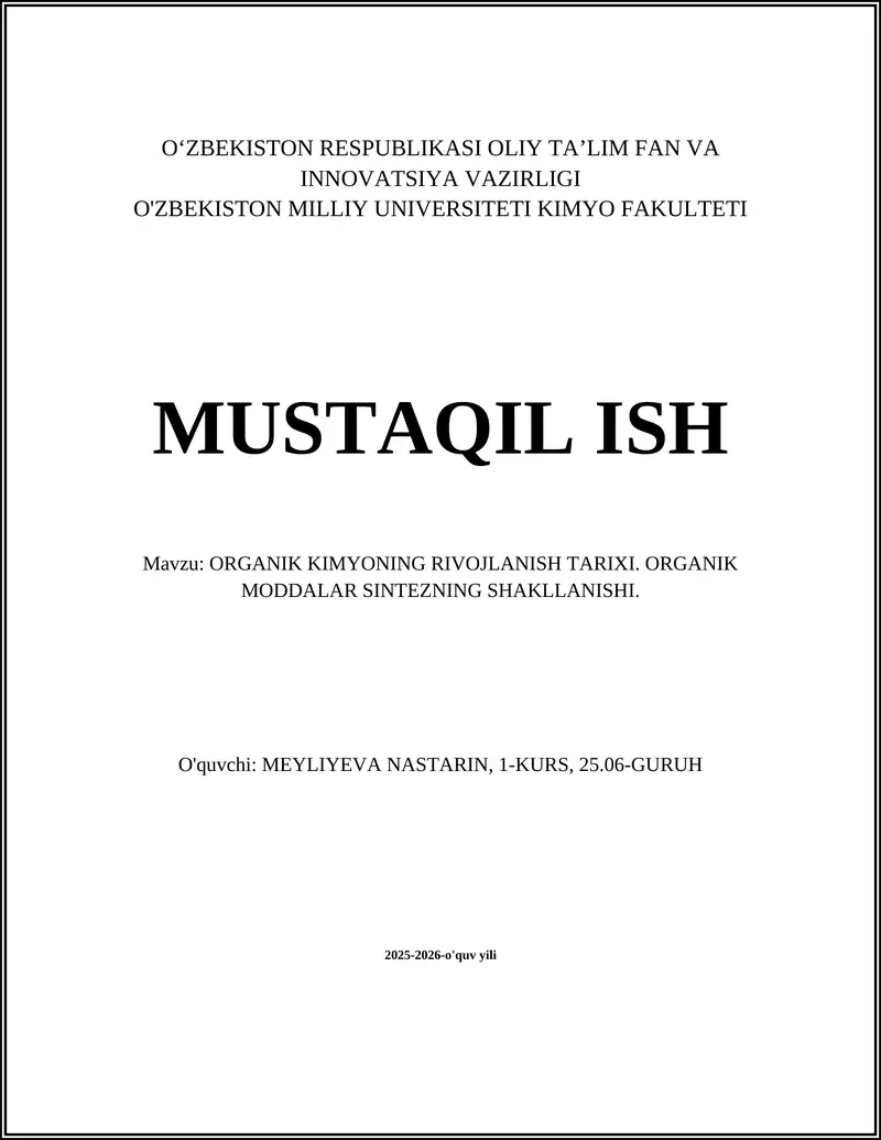 ORGANIK KIMYONING RIVOJLANISH TARIXI