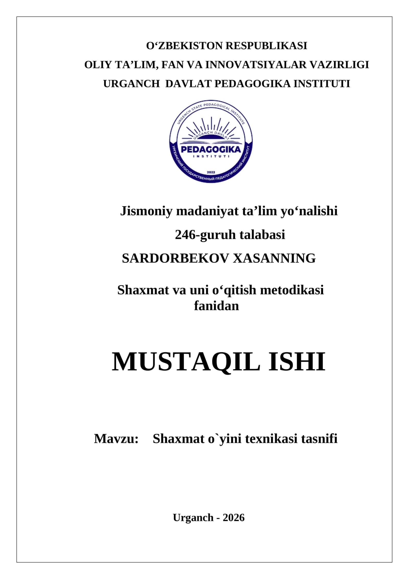 Shaxmat o`yini texnikasi tasnifi
