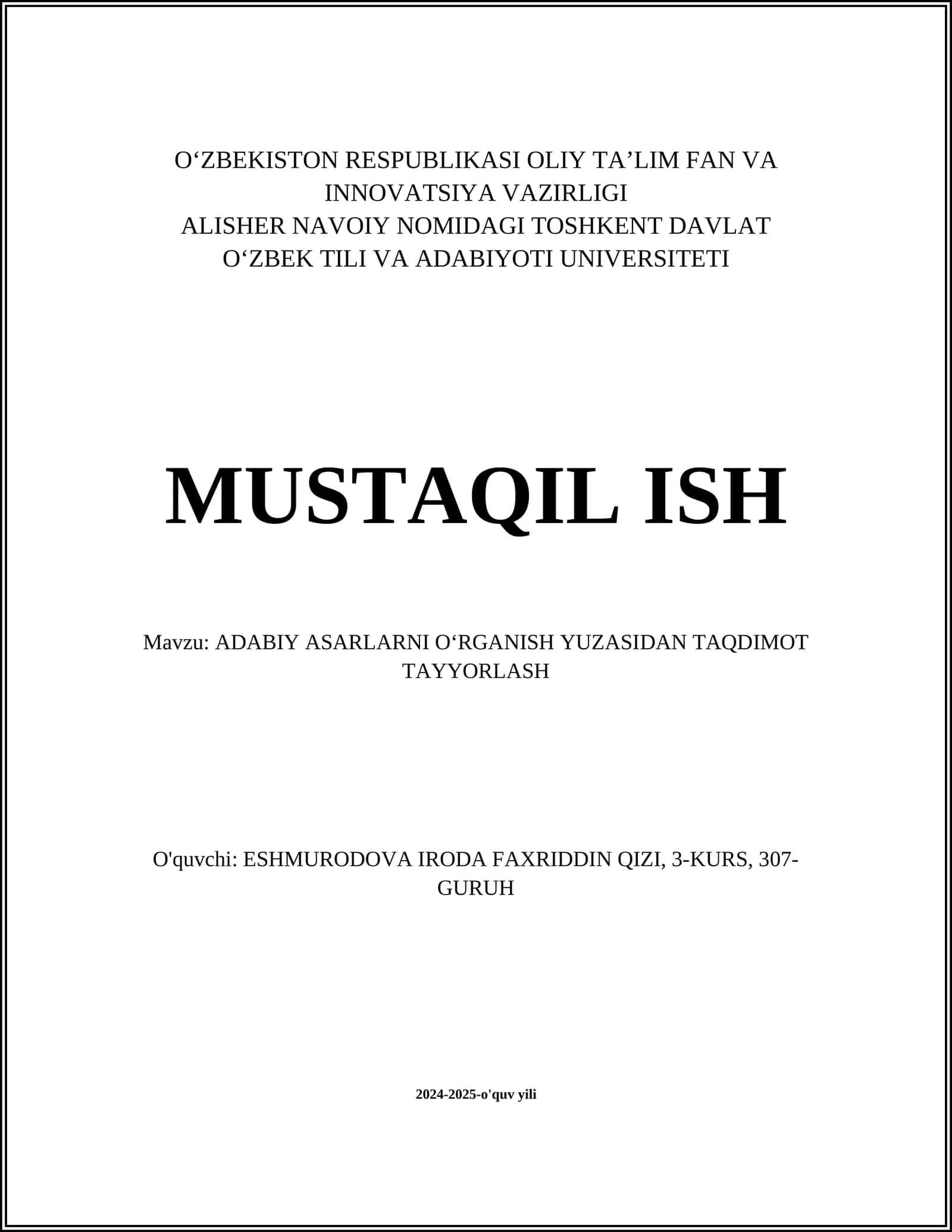 ADABIY ASARLARNI OʻRGANISH YUZASIDAN TAQDIMOT TAYYORLASH
