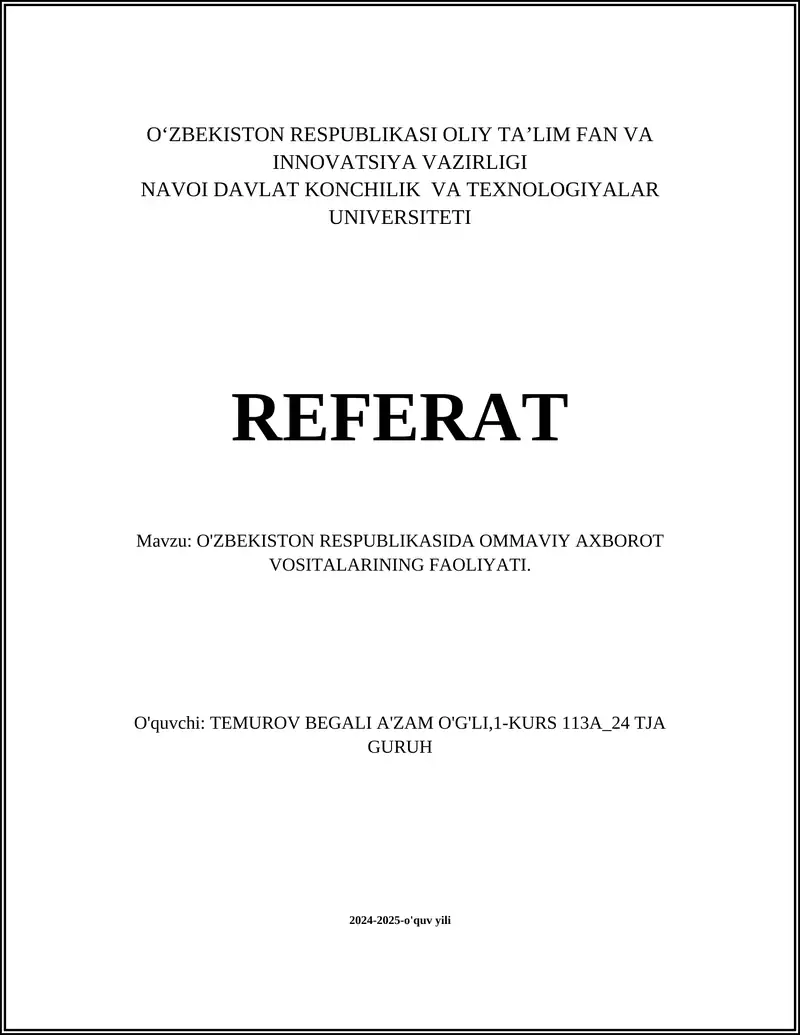 O'ZBEKISTON RESPUBLIKASIDA OMMAVIY AXBOROT VOSITALARINING FAOLIYATI.