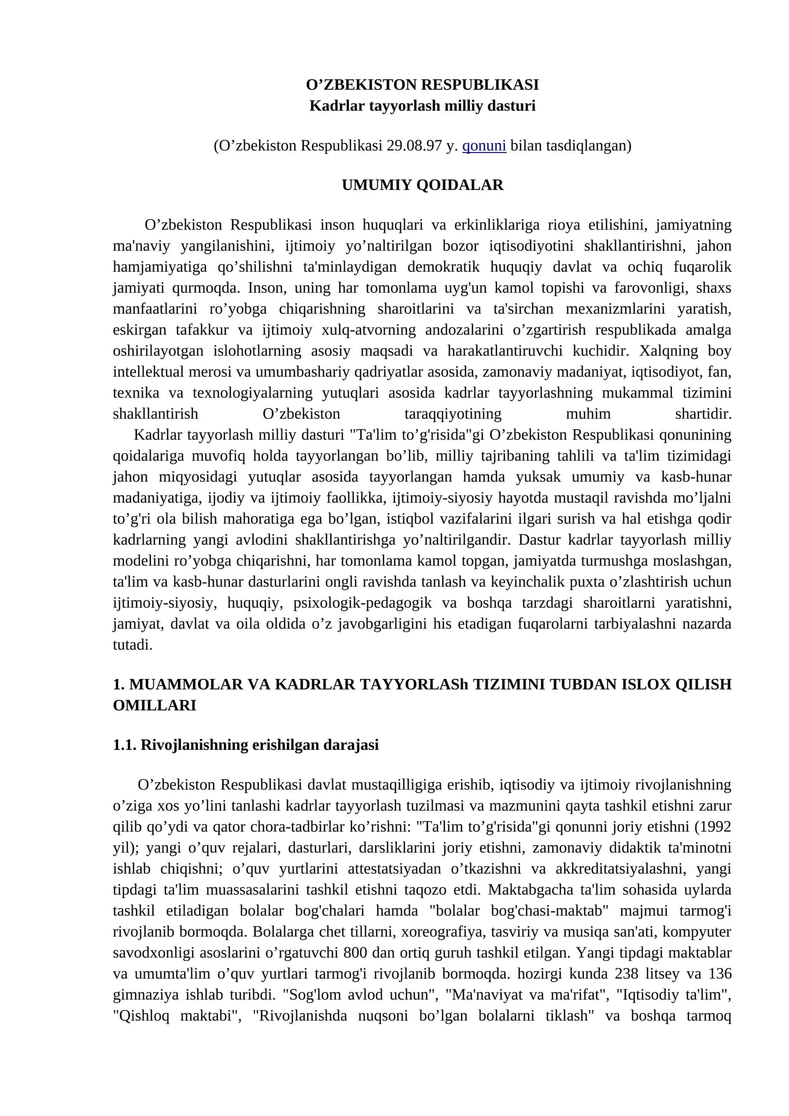 O’ZBEKISTON RESPUBLIKASI Kadrlar tayyorlash milliy dasturi