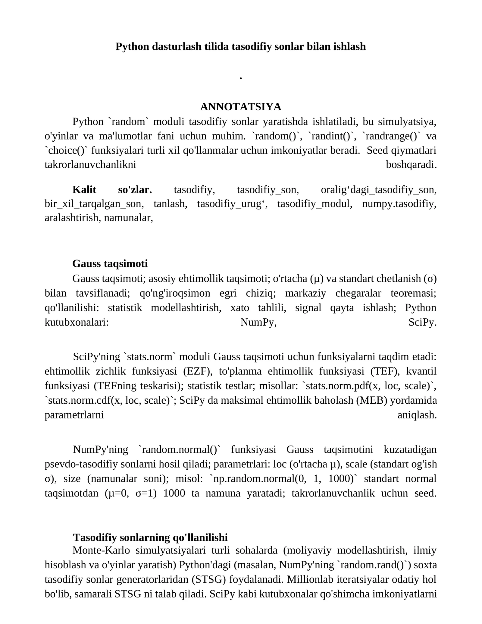Python dasturlash tilida tasodifiy sonlar bilan ishlash