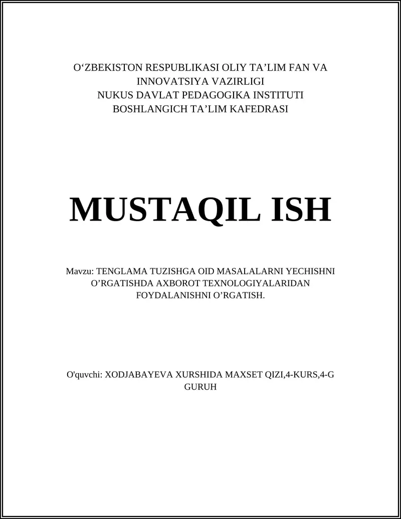 TENGLAMA TUZISHGA OID MASALALARNI YECHISHNI O’RGATISH