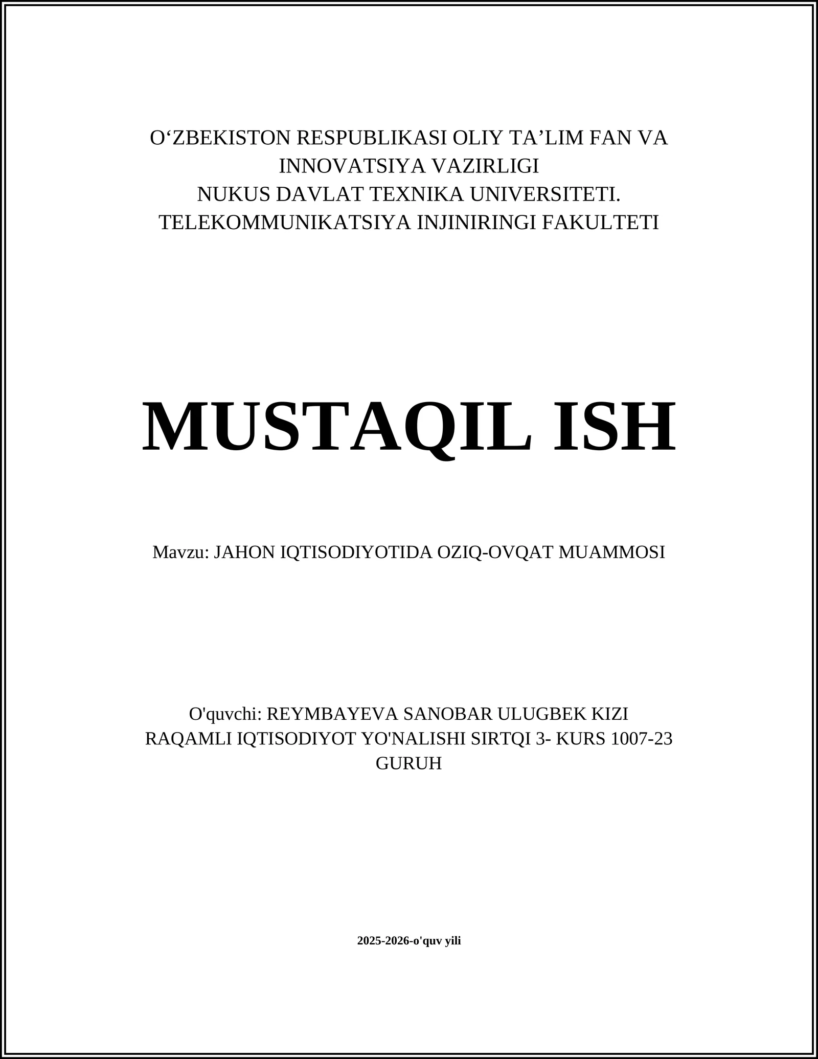 JAHON IQTISODIYOTIDA OZIQ-OVQAT MUAMMOSI