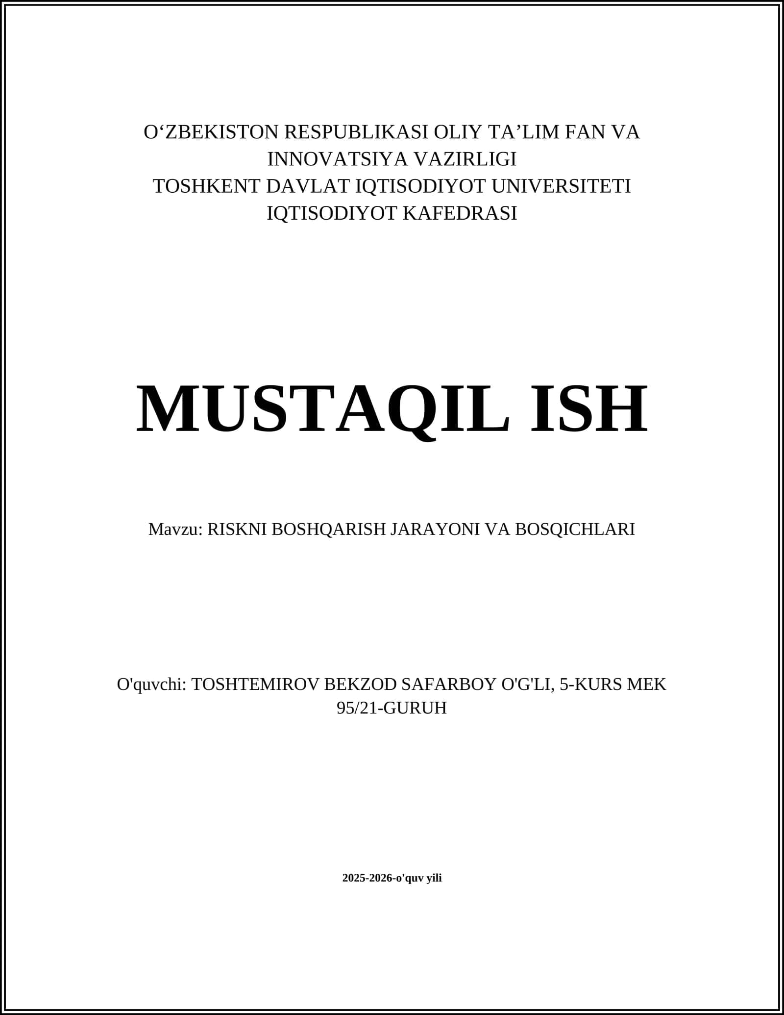 RISKNI BOSHQARISH JARAYONI VA BOSQICHLARI