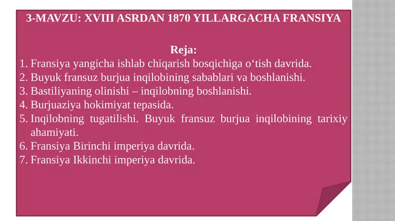 XVIII ASRDAN 1870 YILLARGACHA FRANSIYA