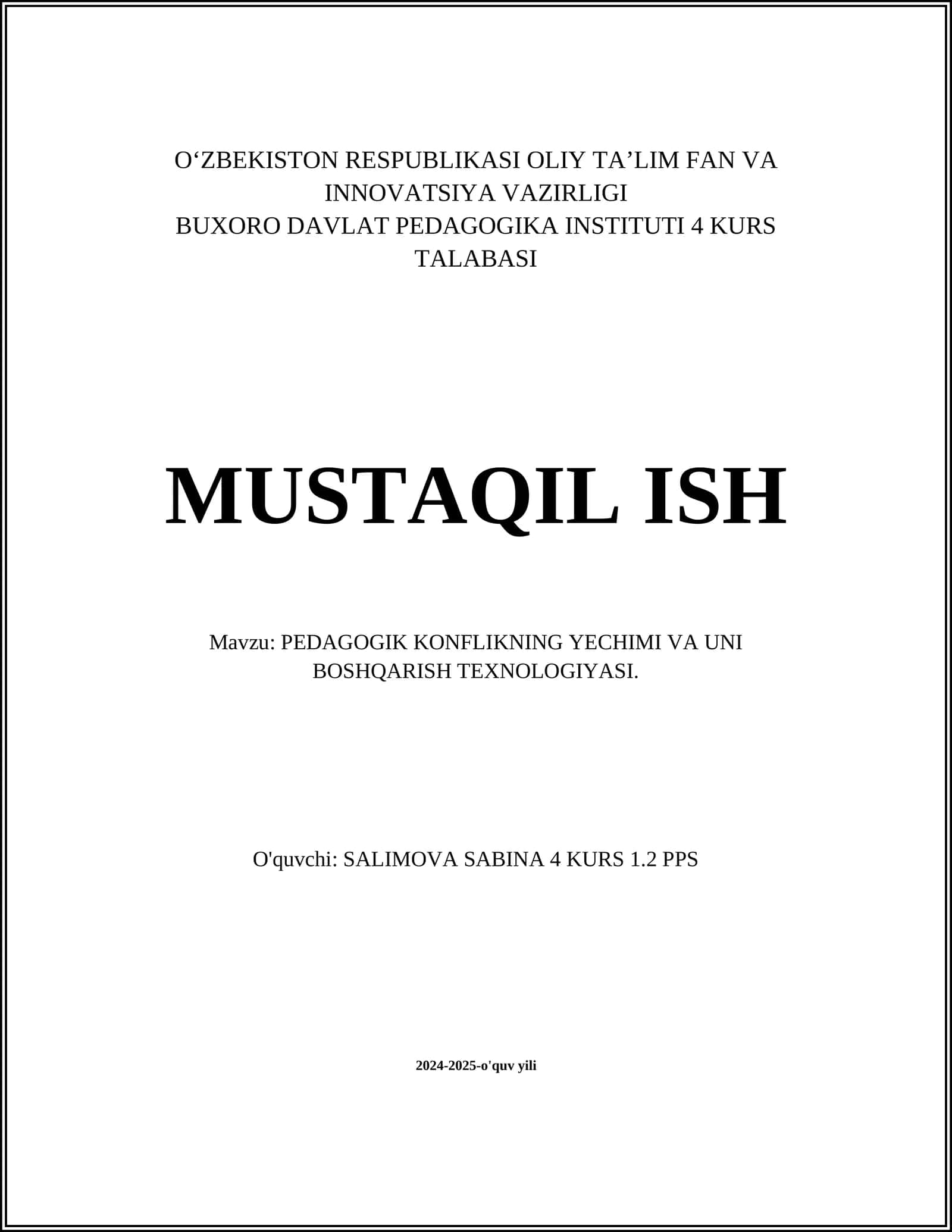 PEDAGOGIK KONFLIKNING YECHIMI VA UNI BOSHQARISH TEXNOLOGIYASI