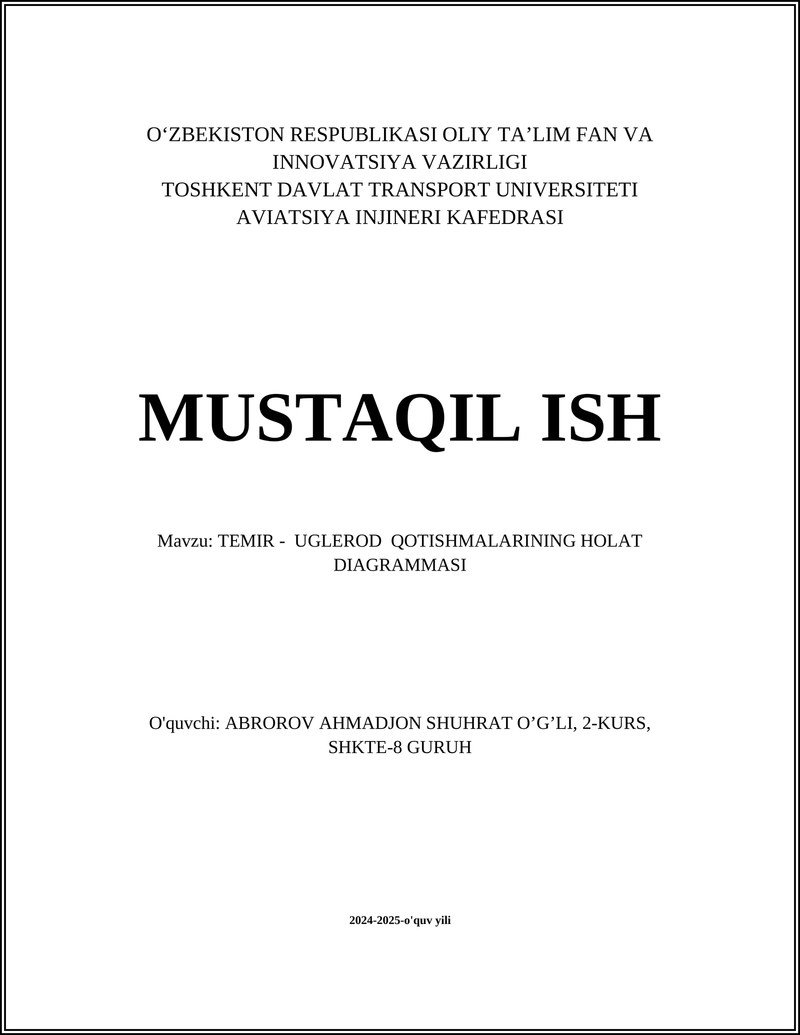 TEMIR - UGLEROD QOTISHMALARINING HOLAT DIAGRAMMASI