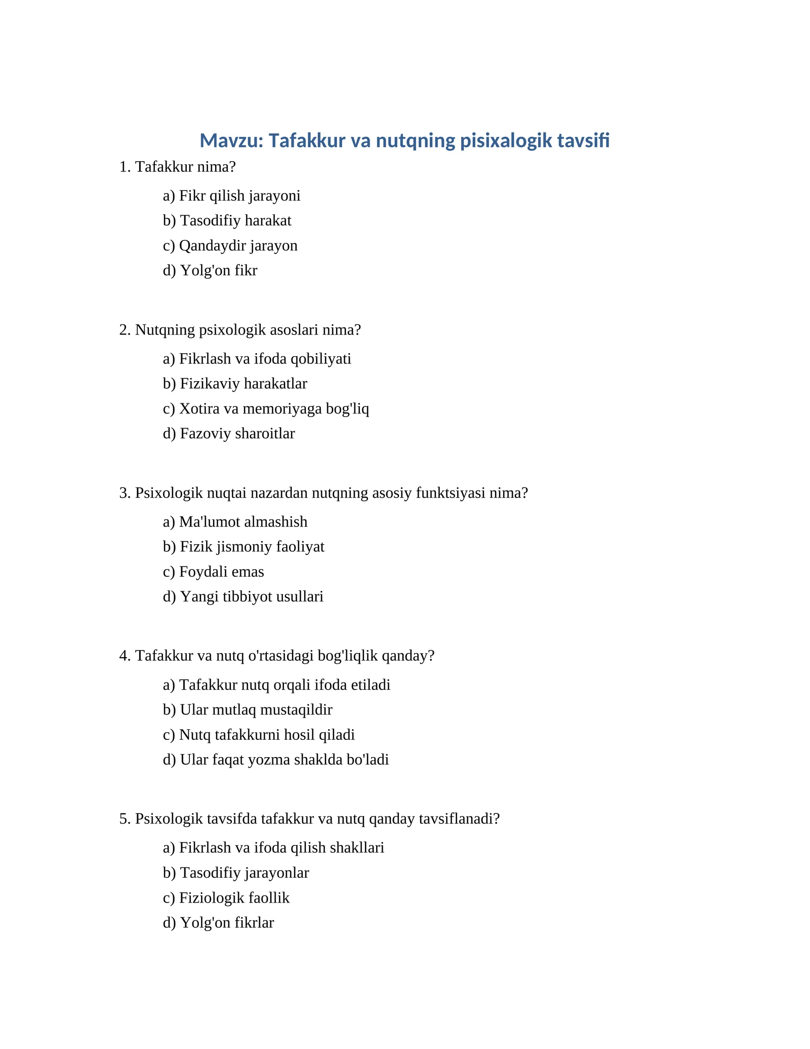 Tafakkur va nutqning pisixalogik tavsifi