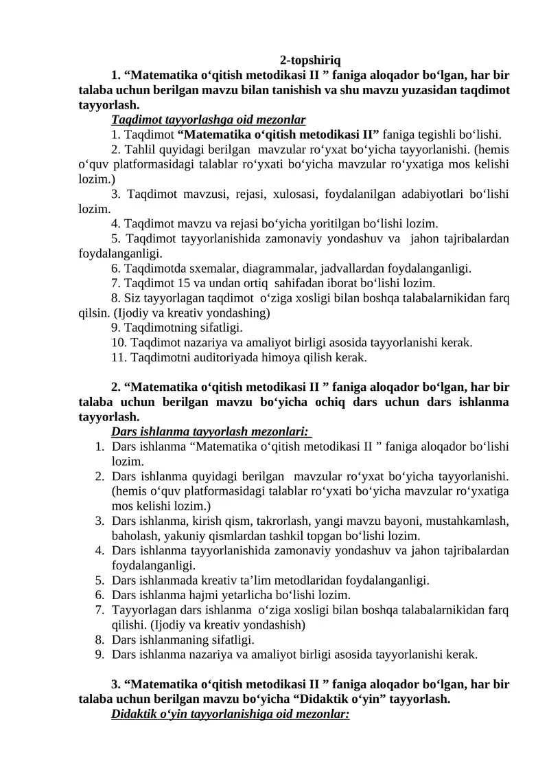 Matematika oʻqitish metodikasi II