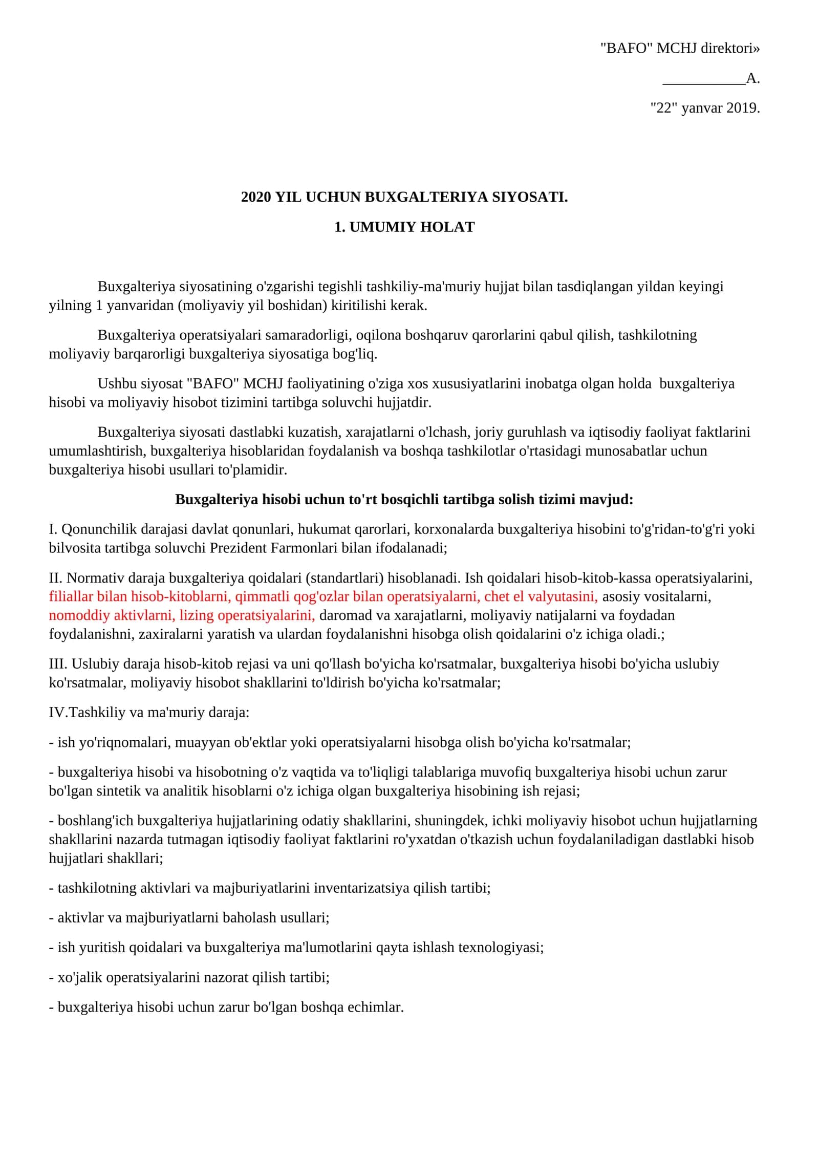 2020 YIL UCHUN BUXGALTERIYA SIYOSATI