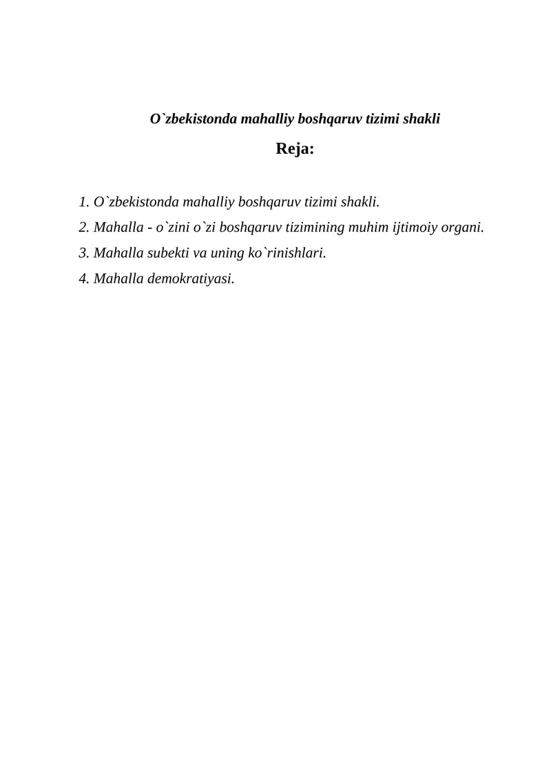 O`zbekistonda mahalliy boshqaruv tizimi shakli