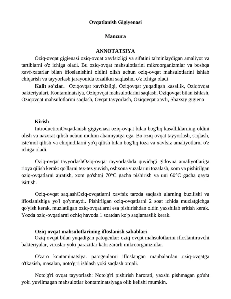 Ovqatlanish Gigiyenasi