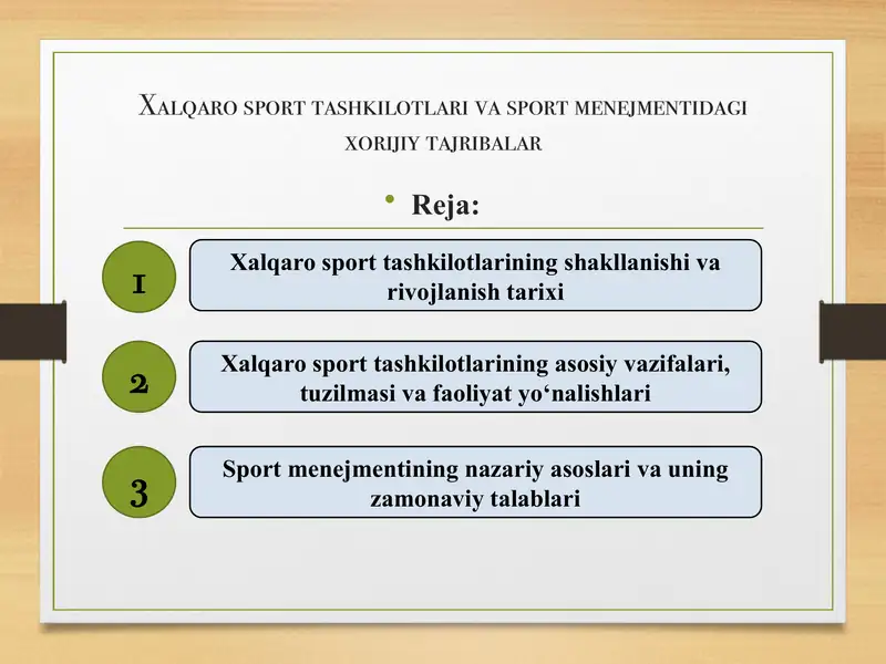Xalqaro sport tashkilotlari va sport menejmentidagi xorijiy tajribalar
